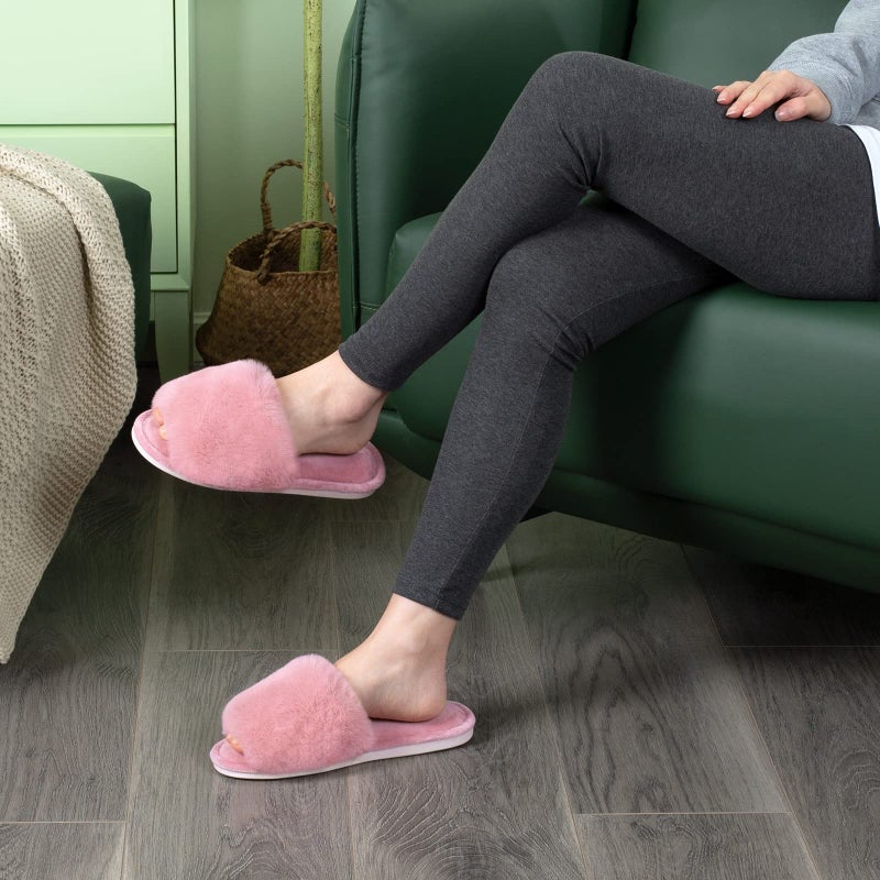 Parlovable Women's Faux Fur Slippers Fuzzy Flat Spa Fluffy Open Toe House Shoes Indoor Outdoor Slip on Memory Foam Slide Sandals Pink 7-8 - Image 2